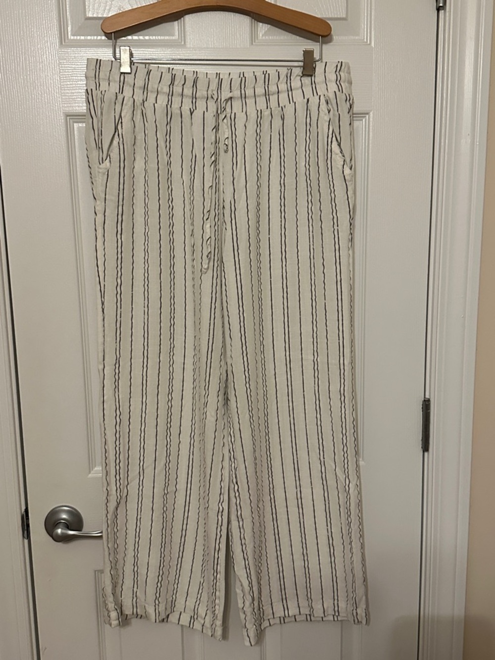 Wide-Leg Striped linen Drawstring Pants - Cream with Black Stripe